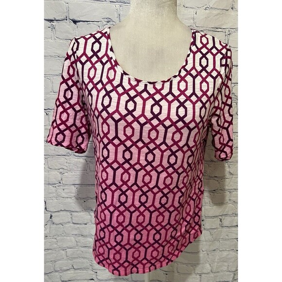 CHICOS Chico’s Ombre Hexagon Elbow Sleeve Tee Scoop Neck Pink Cotton Modal 0/S/4 - Picture 1 of 7